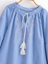 Load image into Gallery viewer, Retro Floral Embroidered, Linen Cotton Blouse ,Lace-up Boho Shirt
