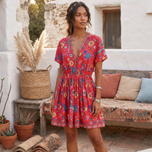Load image into Gallery viewer, Red Floral Peacock,Bohemian Mini Dress,Boho Dress

