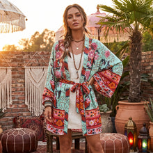 Load image into Gallery viewer, Peacock Floral Print ,Boho Kimono,bohemian Short Robe Kimono
