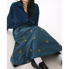 Load image into Gallery viewer, Retro Brown Corduroy Skirt , Embroidery Floral Midi Skirt
