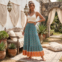Load image into Gallery viewer, Turquoise Floral Tiered Bohemian Maxi Skirt - Summer Beach Skirt
