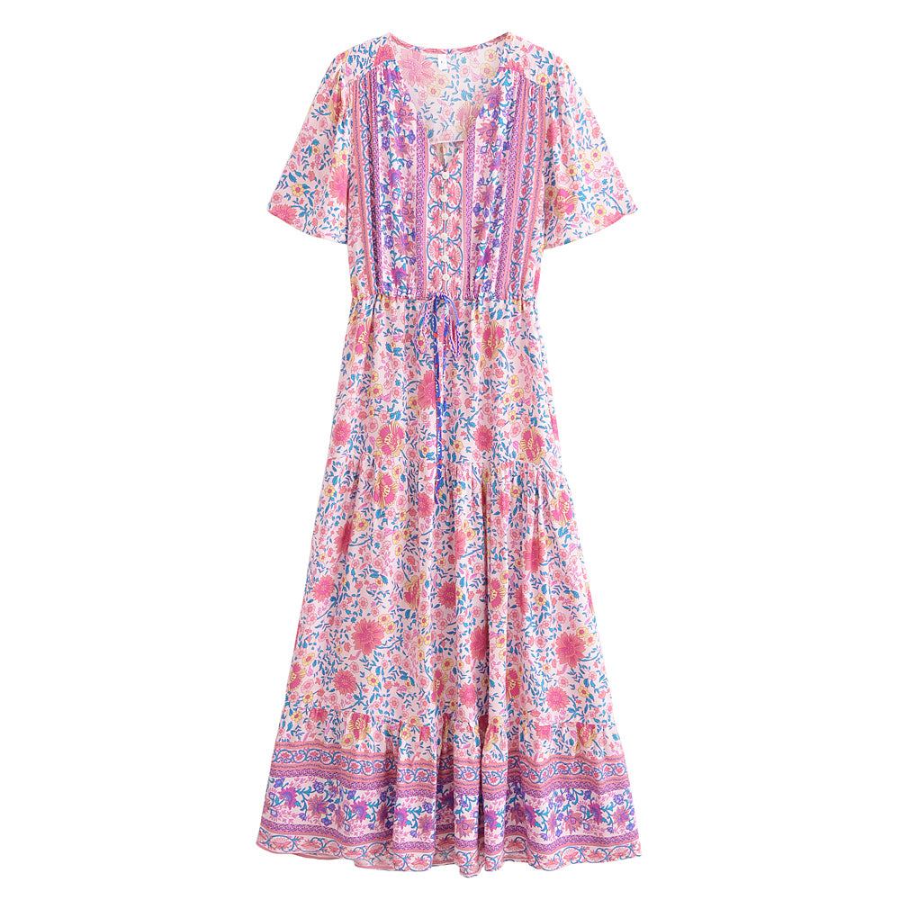 Maxi Dress, Boho Dress,Pink Floral Print