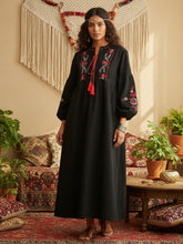 Load image into Gallery viewer, Floral Emberoidered, Linen Cotton Maxi Dress,Tassel Boho Dress
