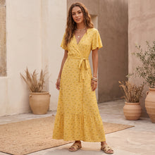 Load image into Gallery viewer, Yellow Sun Flower ,Bohemian Maxi Dress , Boho Wrap Dress
