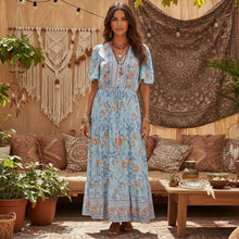 Load image into Gallery viewer, Blue Floral Print,Bohemian Maxi Dress, Boho Dress
