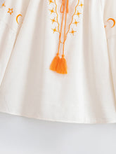 Load image into Gallery viewer, Star Moon Embroidery, Linen Cotton Blouse,Lace-up Tassel Boho Shirts
