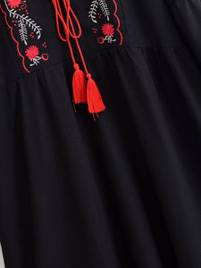 Floral Emberoidery, Linen Cotton Maxi Dress,Tassel Boho Dress