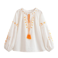 Load image into Gallery viewer, Star Moon Embroidery, Linen Cotton Blouse,Lace-up Tassel Boho Shirts
