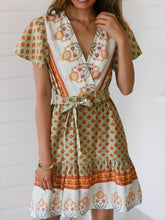 Load image into Gallery viewer, Green Floral Print,Beach Wrap Mini Dress,Boho Dresses
