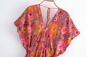 Red Floral  Bohemian Maxi Dress，Rayon Cotton Beach Boho Dress