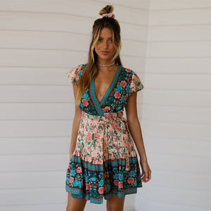 Bohemian Mini Dress, Boho Wrap Dress,Floral Print
