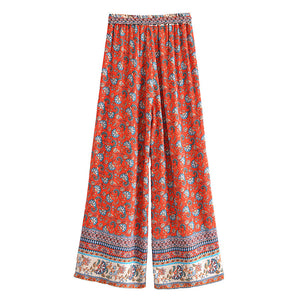 Red Floral Print Two Piece Outfits,  Rayon Cotton Boho Sets