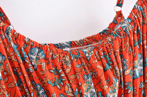 Red Floral Print Two Piece Outfits,  Rayon Cotton Boho Sets