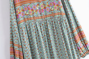Green Floral Bohemian Maxi Dress,Rayon Cotton Boho Dress