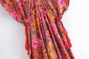 Red Floral  Bohemian Maxi Dress，Rayon Cotton Beach Boho Dress