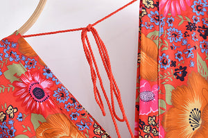 Red Floral  Bohemian Maxi Dress，Rayon Cotton Beach Boho Dress