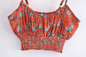 Red Floral Print Two Piece Outfits,  Rayon Cotton Boho Sets