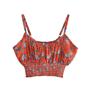 Red Floral Print Two Piece Outfits,  Rayon Cotton Boho Sets