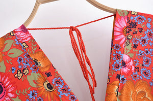 Red Floral  Bohemian Maxi Dress，Rayon Cotton Beach Boho Dress