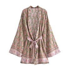 Load image into Gallery viewer, Green Floral Boho Kimono, Bohemian Bikini Cover-up
