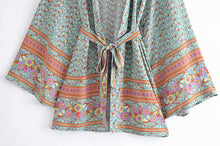 Load image into Gallery viewer, Green Floral Kimono,Beach Boho Bikini Cover-up
