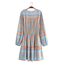 Load image into Gallery viewer, Blue Floral Print Bohemian Mini Dress , Rayon Boho Dress
