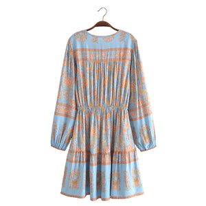 Blue Floral Print Bohemian Mini Dress , Rayon Boho Dress