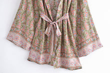 Load image into Gallery viewer, Green Floral Boho Kimono, Bohemian Bikini Cover-up
