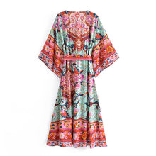 Load image into Gallery viewer, Green Peacock Floral  ,Bohemian Kaftan ,Boho Maxi Dress

