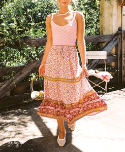 Pink Floral Print,Bohemian Long Skirt,Boho Maxi Skirt