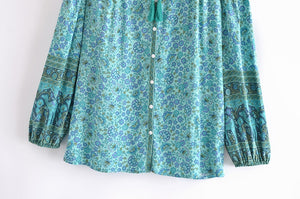 Green Floral Print, Loose Blouses ,Boho Shirts