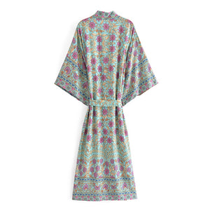 Green Floral Print ,Bohemian  Blouses,Boho Kimono