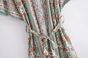 Green Floral Print , Bohemian  Blouses,Boho Kimono
