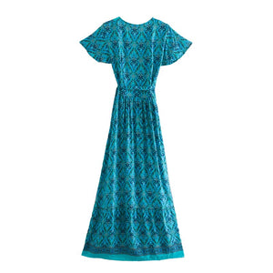 Boho Dress, Bohemian Maxi Dress,Green Floral Print