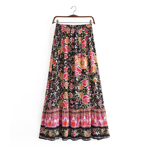 Black Floral Print，Bohemian Skirt，Boho Maxi Skirt