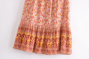 Camel Floral Print,Bohemian skirt ,Boho Maxi Skirt