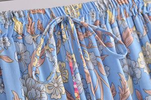 Blue Floral Print ,Bohemian Skirt，Boho Maxi Skirt
