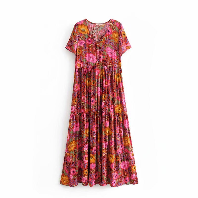 Red Floral Print,Bohemian Maxi Sundress,Boho Dress