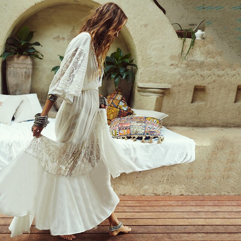 White Lace Cotton Bohemian Maxi Dress ,Boho Sundress – Boho Queens