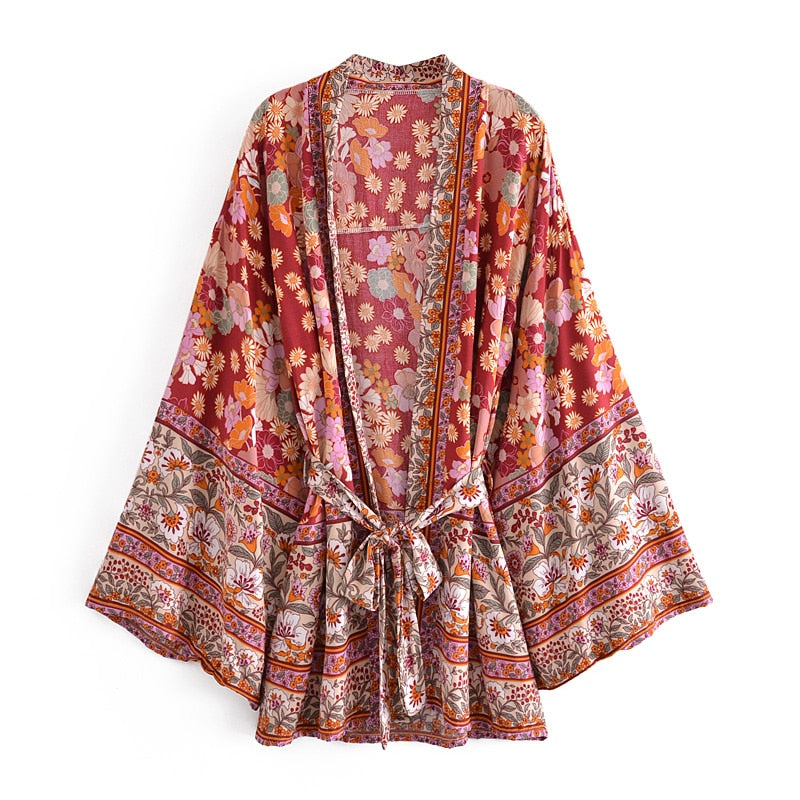 Red Floral Print ,Bohemian Robe,Boho Kimono