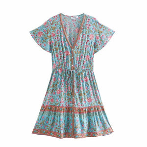 Floral Print V-neck,Boho Sundress,Boho Mini Dress