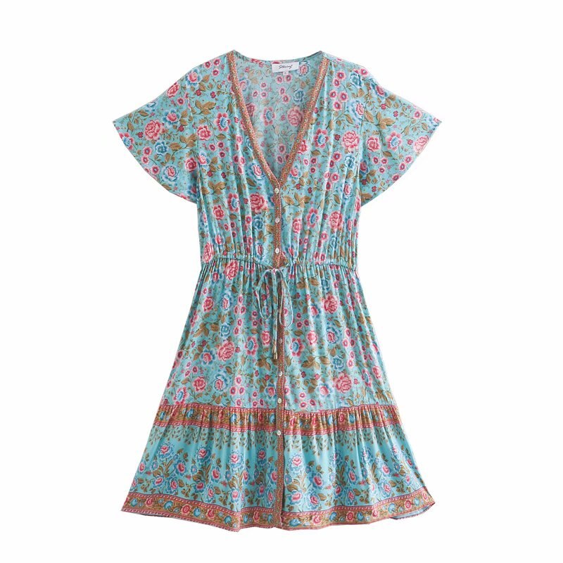 Floral Print V-neck,Boho Sundress,Boho Mini Dress