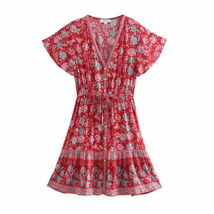 Floral Print V-neck,Boho Sundress,Boho Mini Dress