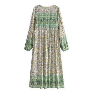 Elephant Green Floral ，Bohemian Maxi Dress，Boho Dress