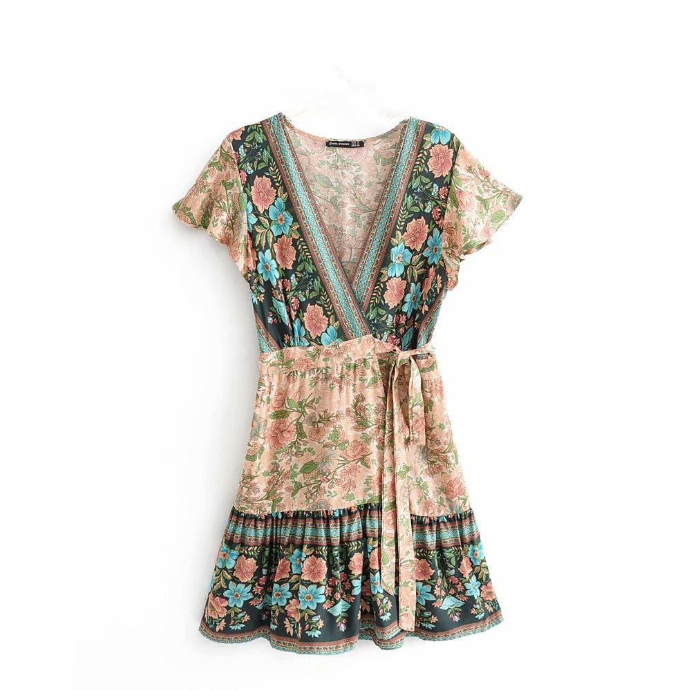 Bohemian Mini Dress, Boho Wrap Dress,Floral Print