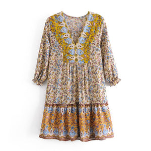Floral print,deep V-neck,mini dress ,Boho dresses