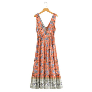 Floral Print ,Boho Maxi Dresses,deep V-neck Sundress