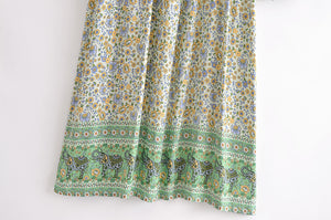 Elephant Green Floral ，Bohemian Maxi Dress，Boho Dress