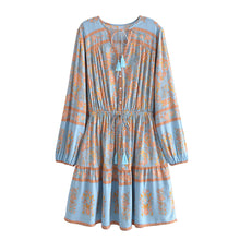 Load image into Gallery viewer, Blue Floral Print Bohemian Mini Dress , Rayon Boho Dress
