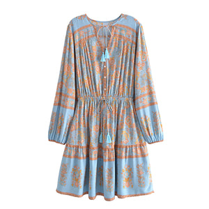 Blue Floral Print Bohemian Mini Dress , Rayon Boho Dress